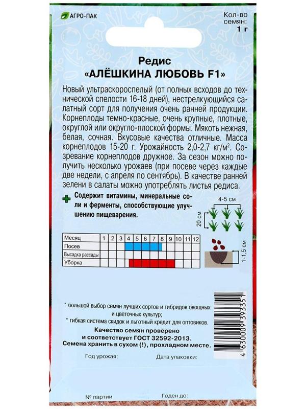 Семена Редис «Алёшкина любовь», F1, скороспелый, 1 г.