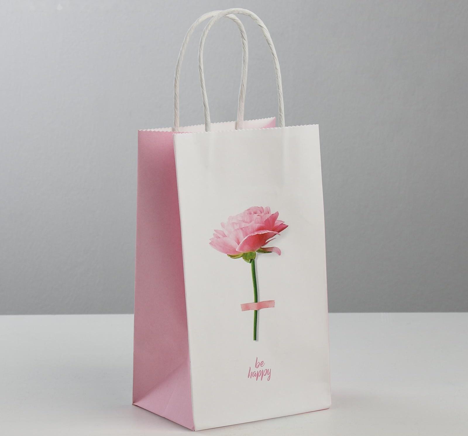 Пакет подарочный крафт «Be happy», 12 × 21 × 9 см
