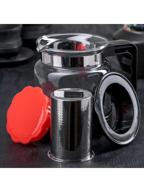 Чайник стеклянный заварочный «Цветок», 750 мл, с металлическим ситом, цвет чёрный