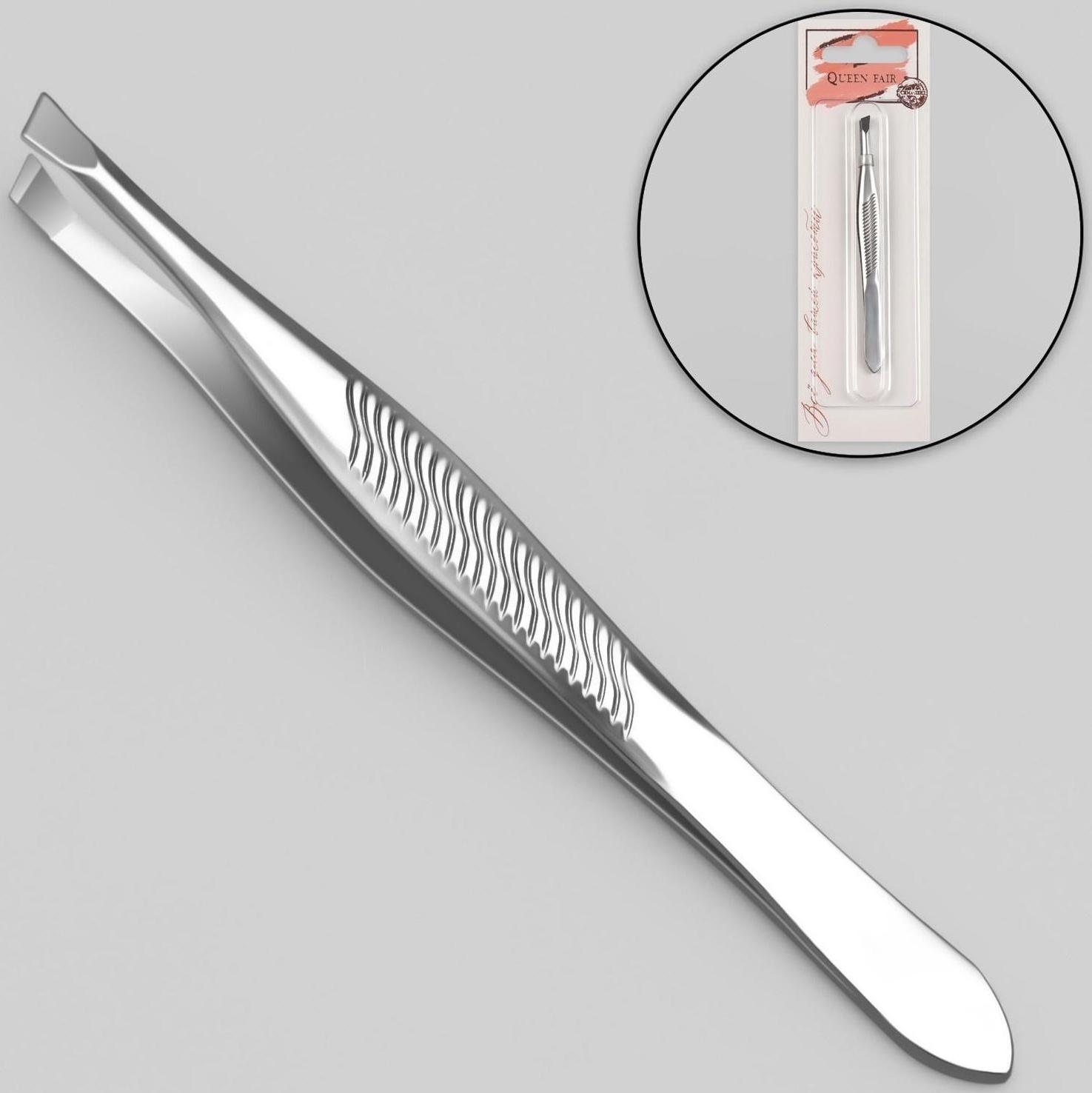 Пинцет скошенный, узкий, 9 см, на блистере, цвет серебристый