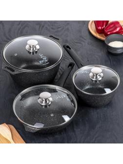 Набор кухонной посуды «Мраморная №3», 6 предметов, крышка, съёмная ручка, антипригарное покрытие, цвет тёмный мрамор