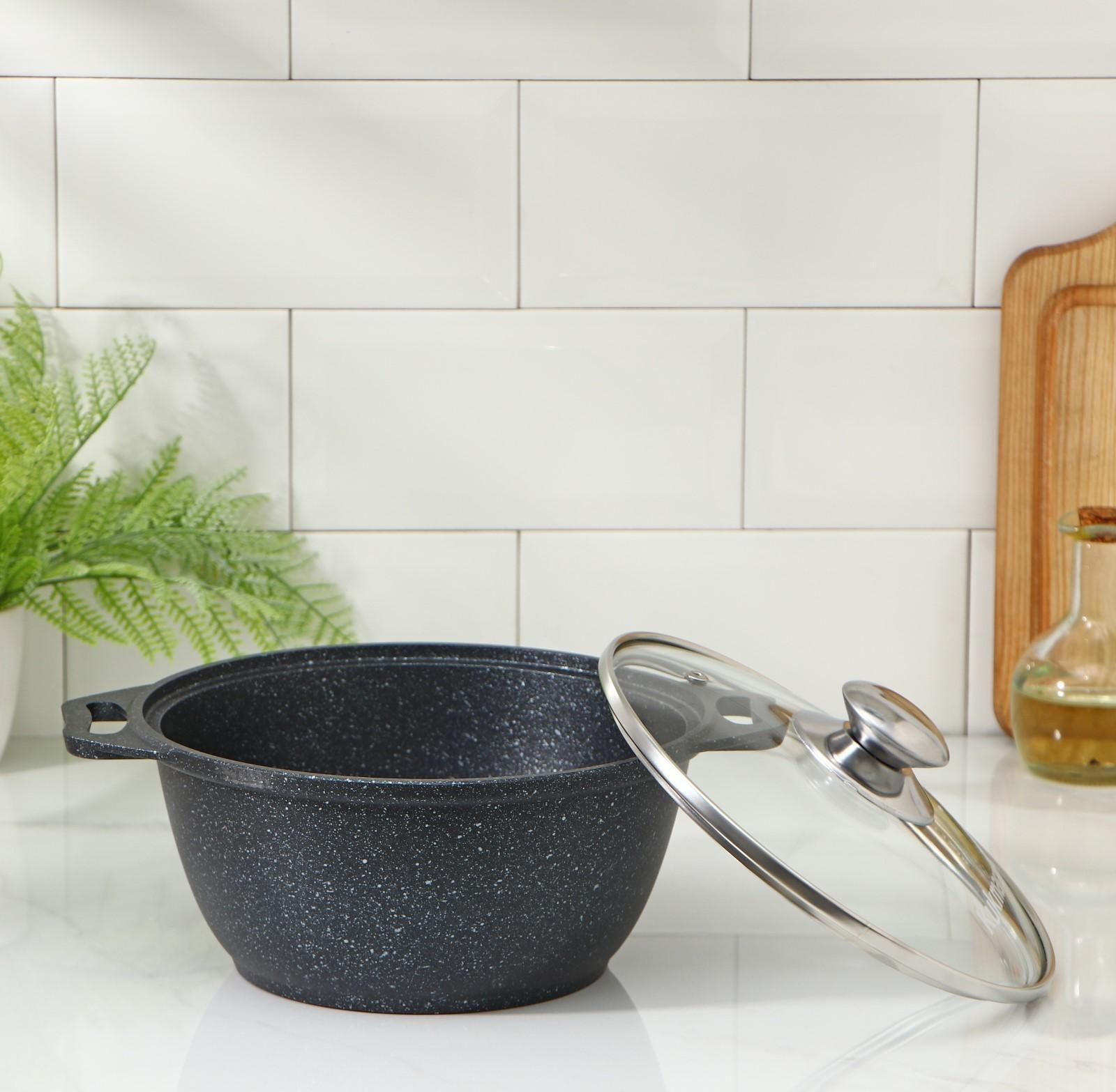 Кастрюля, 2 л, стеклянная крышка, антипригарное покрытие, цвет тёмный мрамор