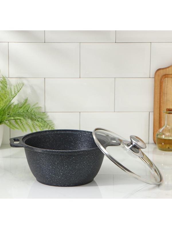 Кастрюля, 2 л, стеклянная крышка, антипригарное покрытие, цвет тёмный мрамор