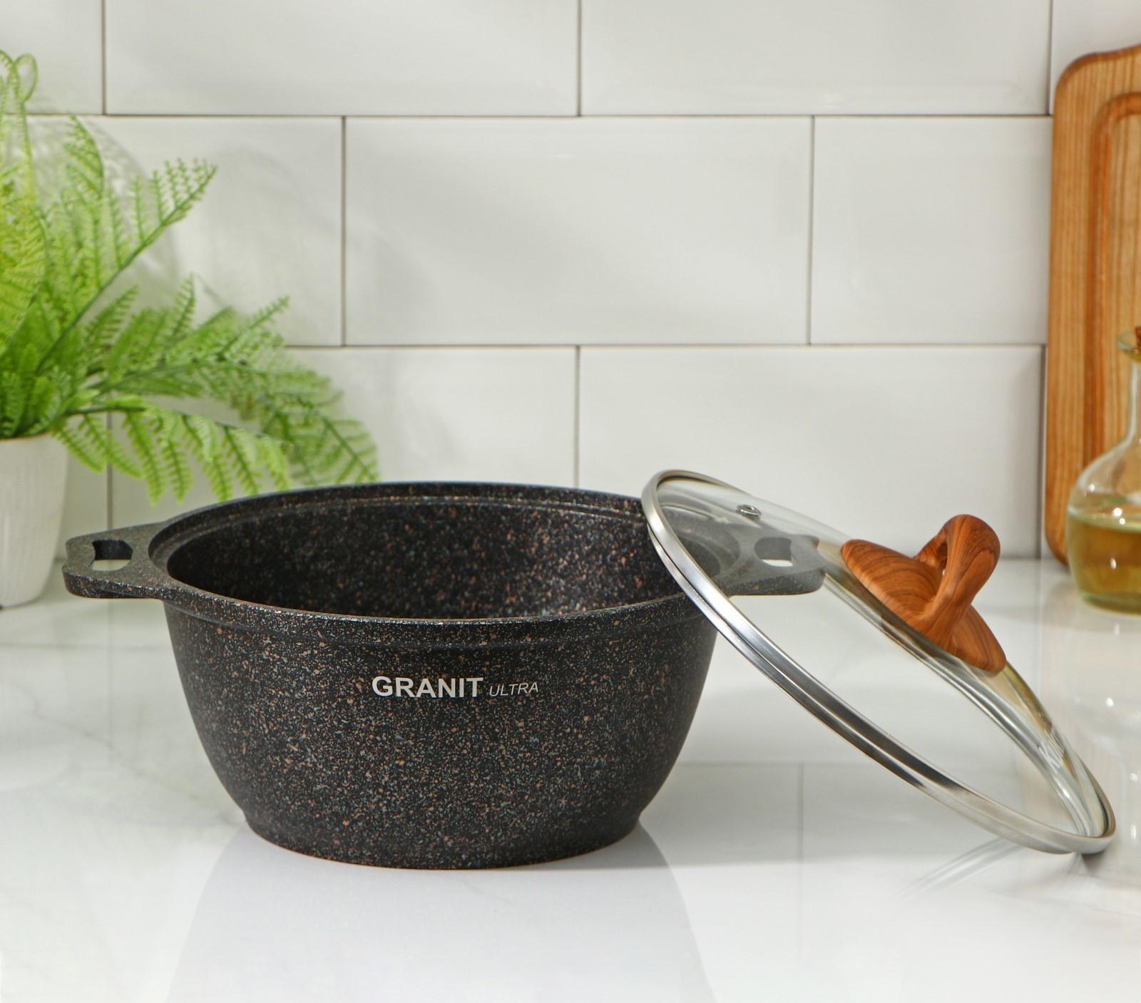 Кастрюля Granit ultra, 2 л, стеклянная крышка, антипригарное покрытие, цвет коричневый