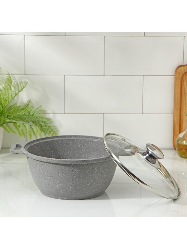 Кастрюля, 2 л, стеклянная крышка, антипригарное покрытие, цвет светлый мрамор