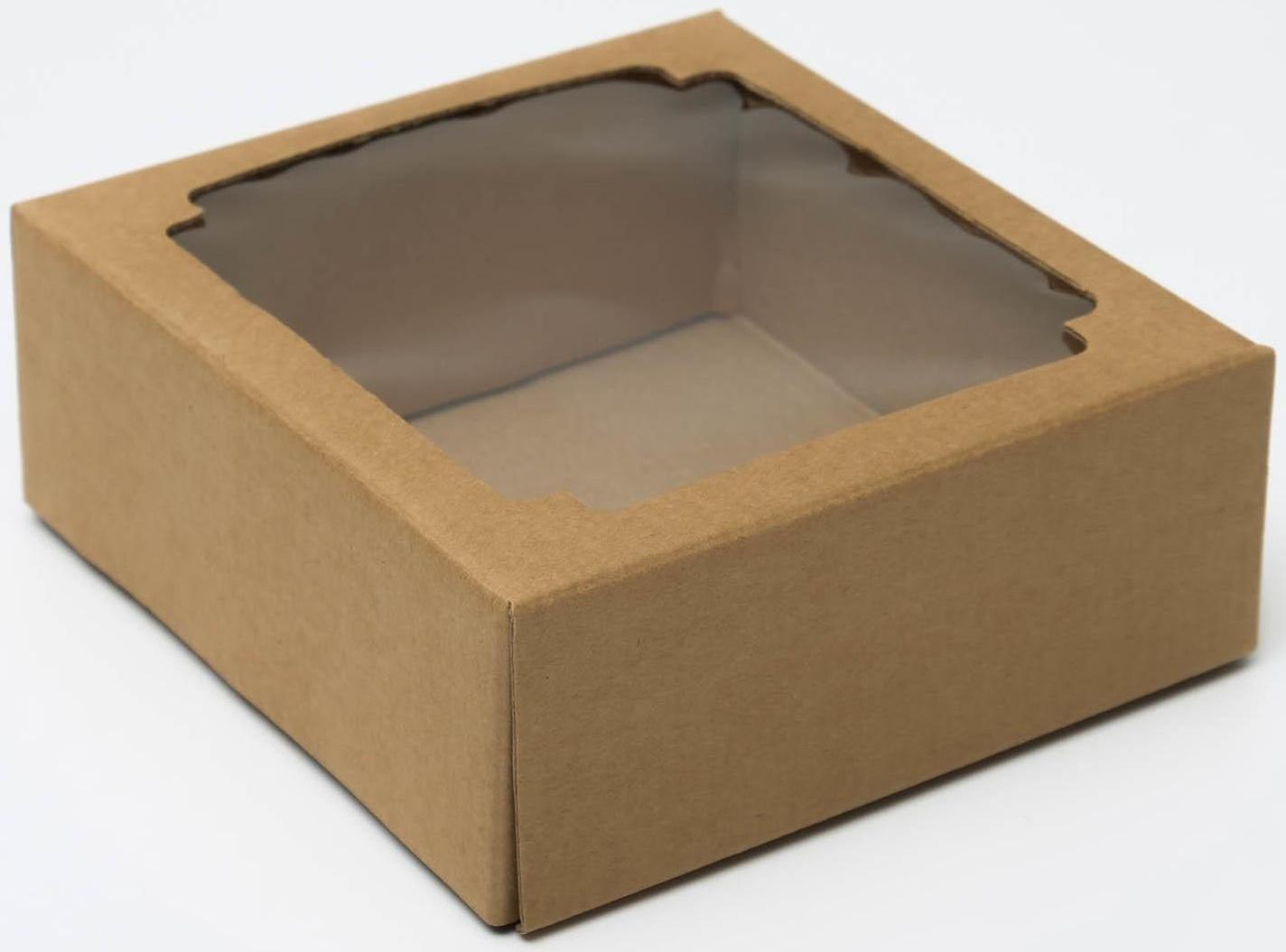 Коробка сборная без печати крышка-дно бурая с окном 14,5 х 14,5 х 6 см