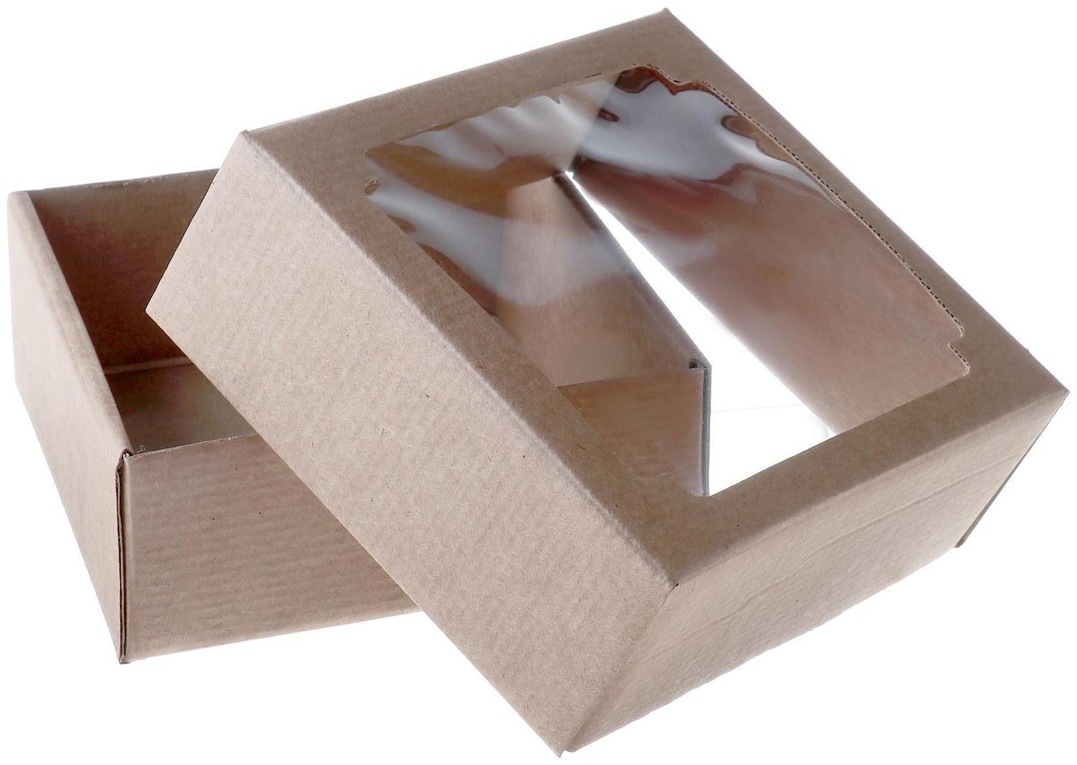 Коробка сборная без печати крышка-дно бурая с окном 14,5 х 14,5 х 6 см