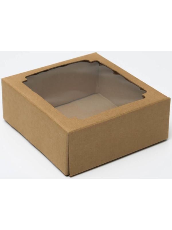Коробка сборная без печати крышка-дно бурая с окном 14,5 х 14,5 х 6 см