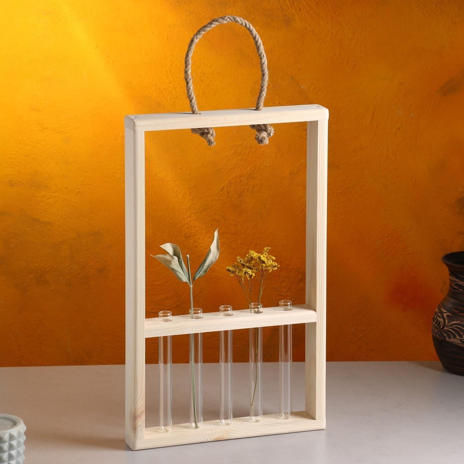 Кашпо деревянное 26×5×40 см с 5 колбами 15 см 