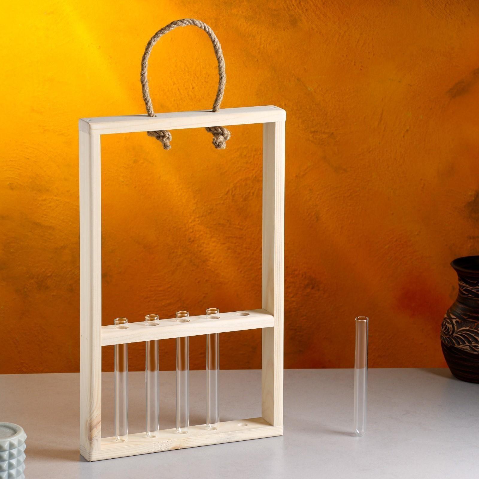 Кашпо деревянное 26×5×40 см с 5 колбами 15 см 