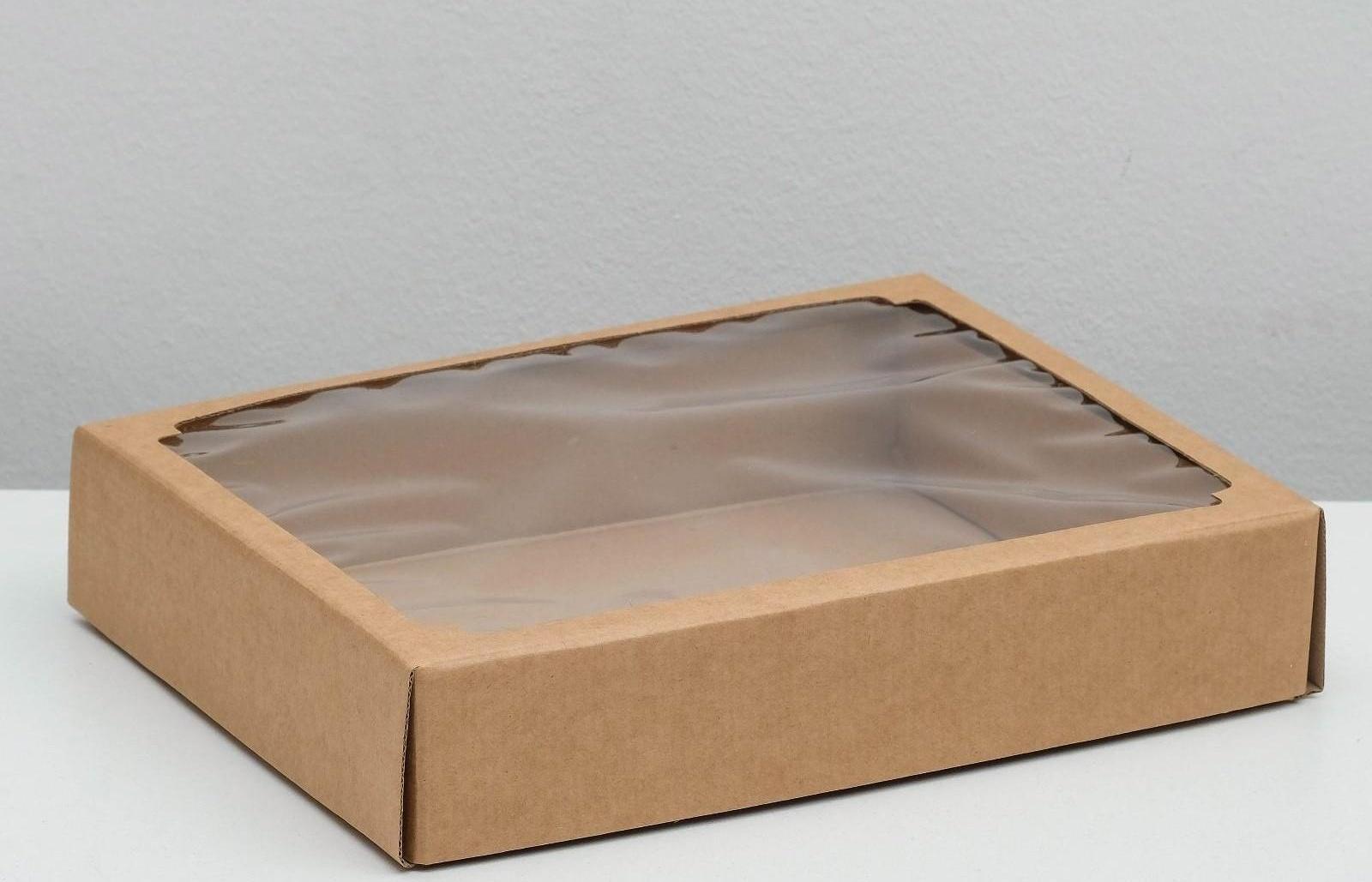 Коробка сборная без печати крышка-дно бурая с окном 29 х 23,5 х 6 см