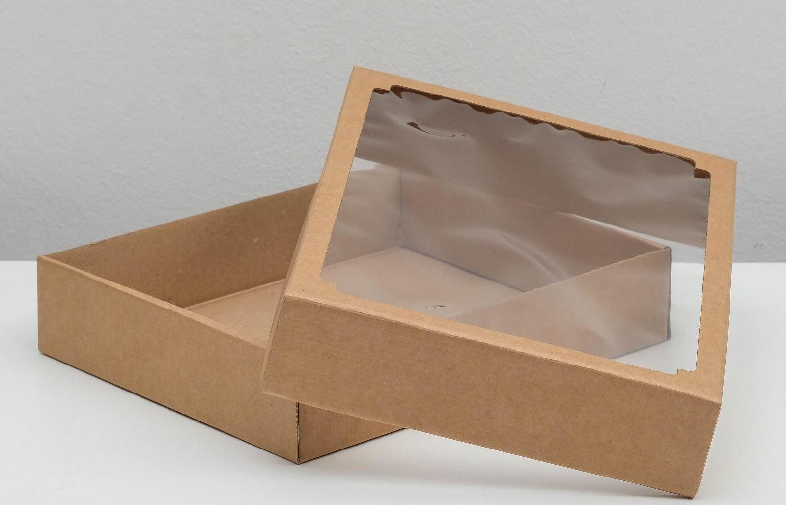 Коробка сборная без печати крышка-дно бурая с окном 29 х 23,5 х 6 см