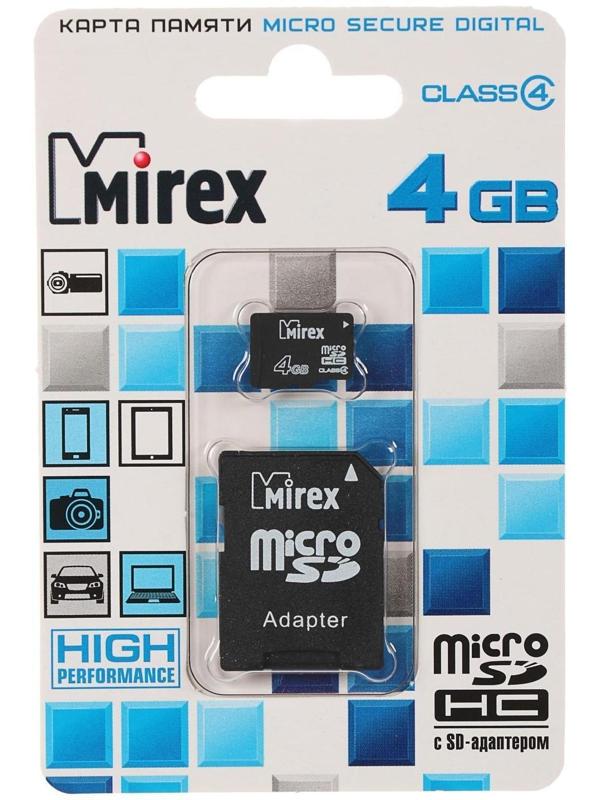 Карта памяти Mirex microSD, 4 Гб, SDHC, класс 4, с адаптером SD