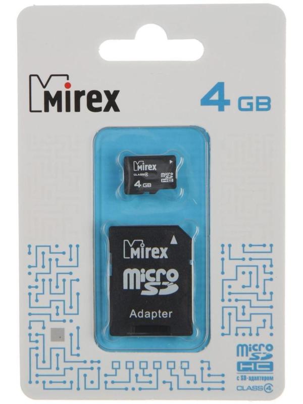 Карта памяти Mirex microSD, 4 Гб, SDHC, класс 4, с адаптером SD