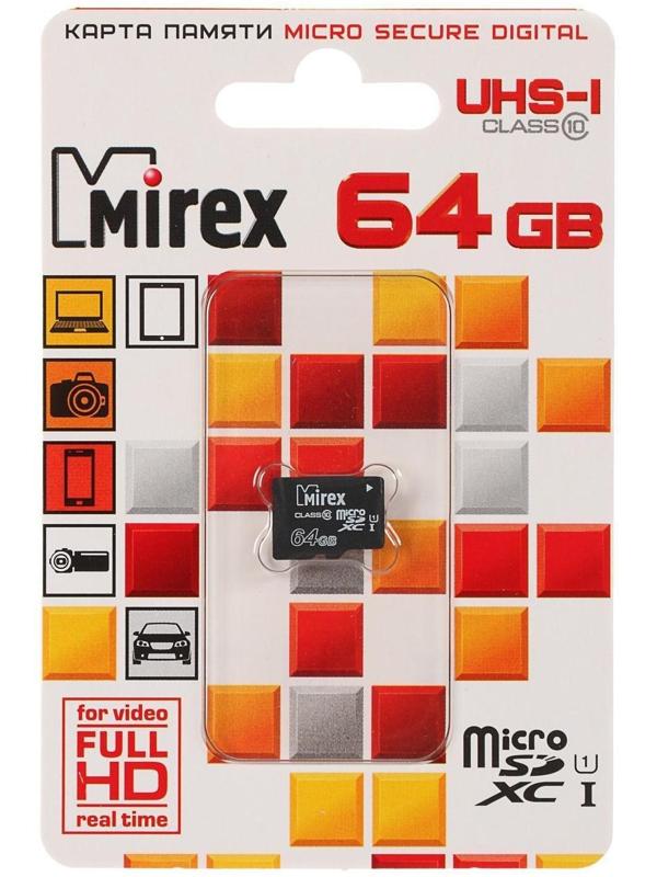 Карта памяти Mirex microSD, 64 Гб, SDXC, UHS-I, класс 10