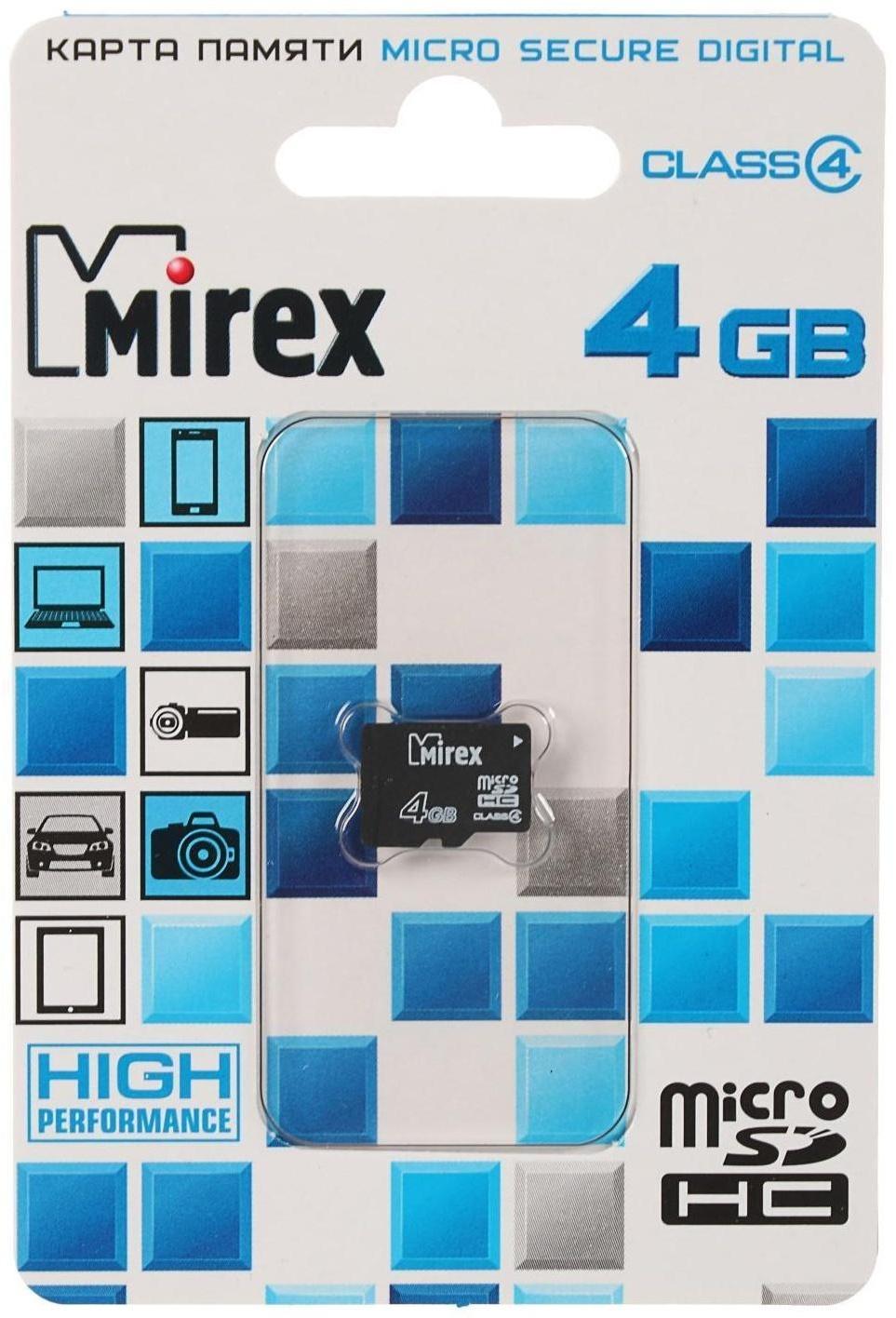 Карта памяти Mirex microSD, 4 Гб, SDHC, класс 4