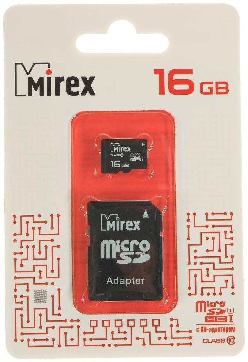 Карта памяти Mirex microSD, 16 Гб, SDHC, UHS-I, класс 10, с адаптером SD