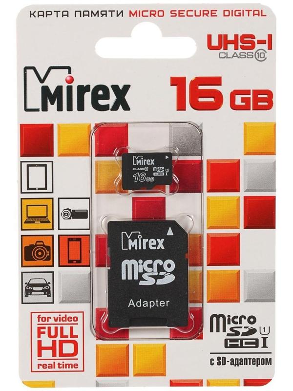 Карта памяти Mirex microSD, 16 Гб, SDHC, UHS-I, класс 10, с адаптером SD
