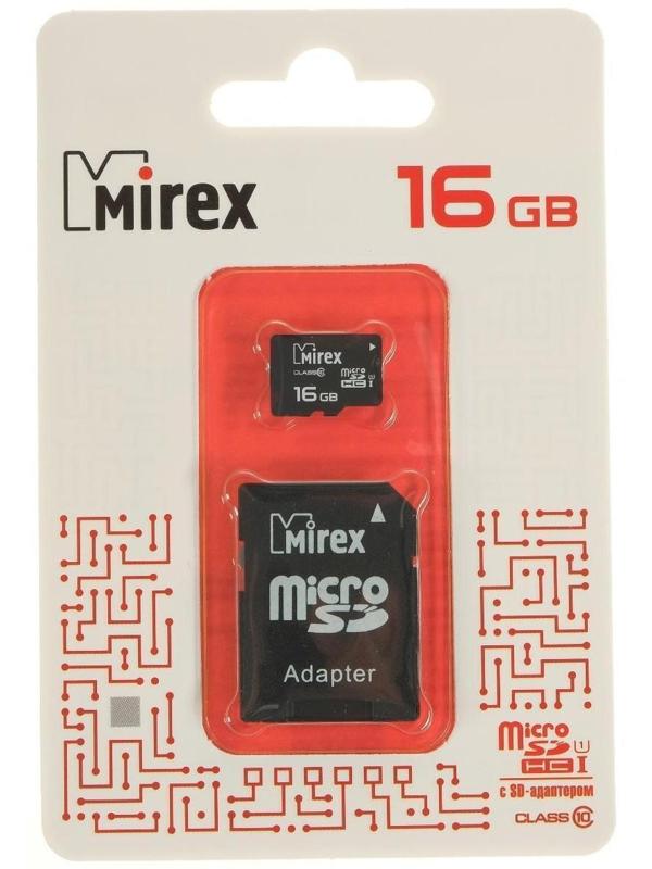 Карта памяти Mirex microSD, 16 Гб, SDHC, UHS-I, класс 10, с адаптером SD