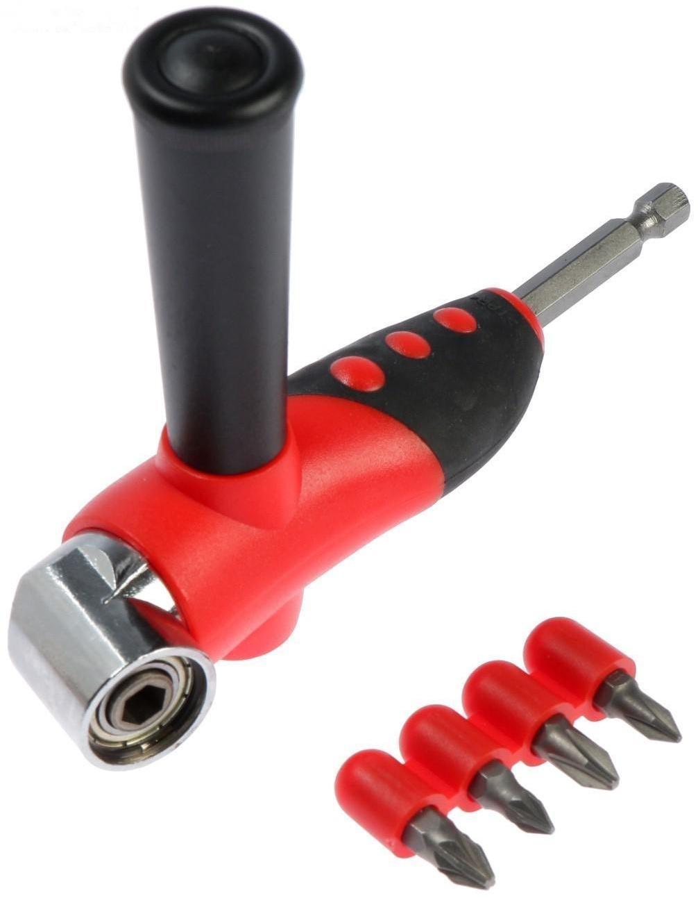 Адаптер угловой для дрели ТУНДРА, с набором бит 4 шт.