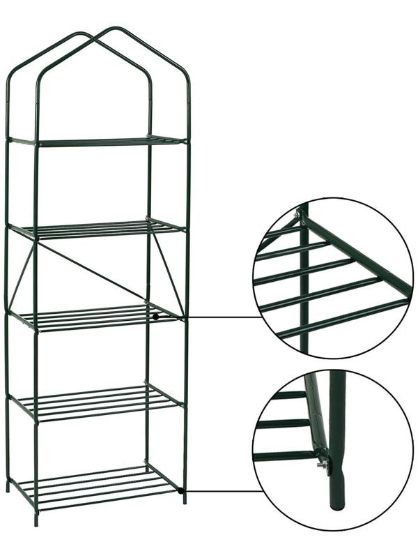 Стеллаж для рассады, 5 полок, 190 × 65 × 40 см, металлический каркас d = 10 мм, без чехла, разборный