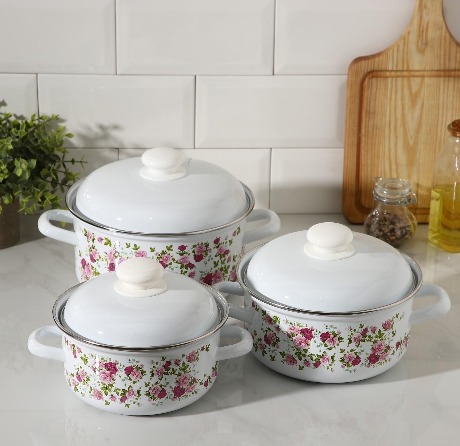 Набор кастрюль «Китайская роза», 3 предмета: 1,5 л, 2 л, 3 л, индукция, цвет белый