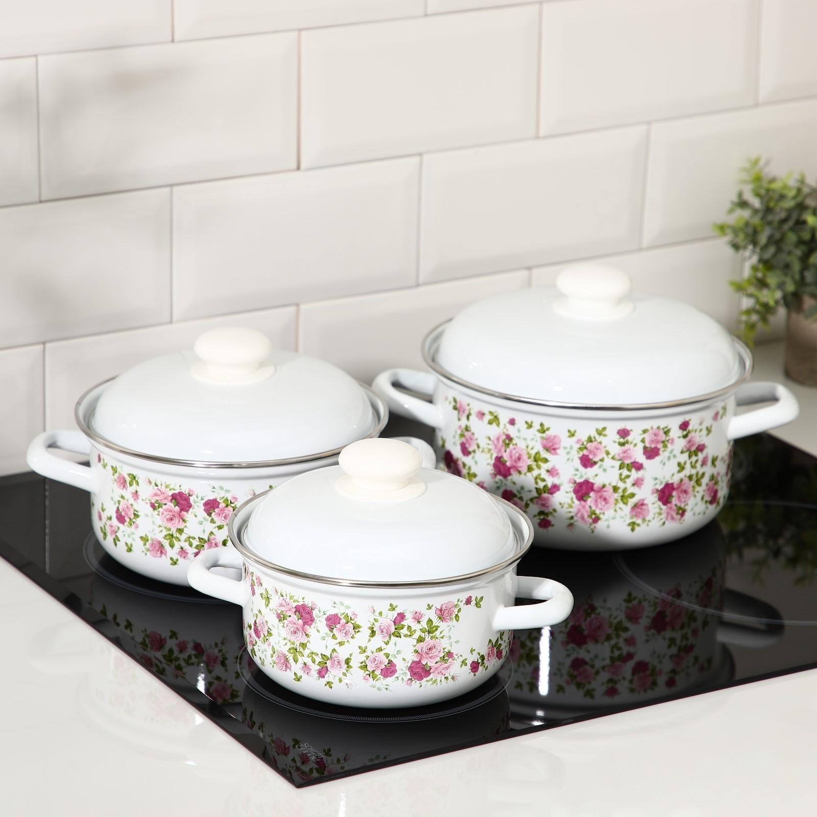 Набор кастрюль «Китайская роза», 3 предмета: 1,5 л, 2 л, 3 л, индукция, цвет белый