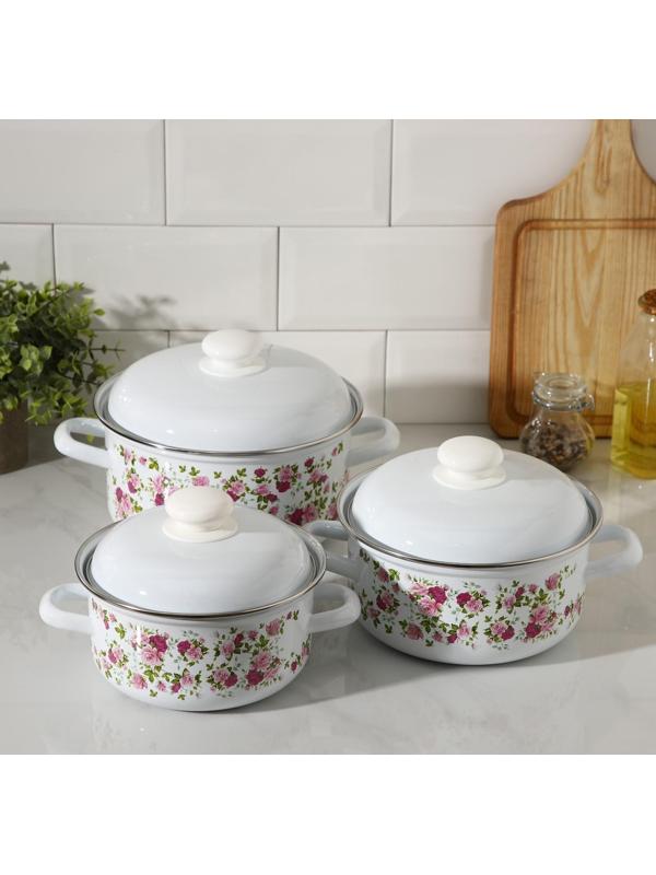 Набор кастрюль «Китайская роза», 3 предмета: 1,5 л, 2 л, 3 л, индукция, цвет белый