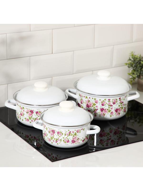 Набор кастрюль «Китайская роза», 3 предмета: 1,5 л, 2 л, 3 л, индукция, цвет белый