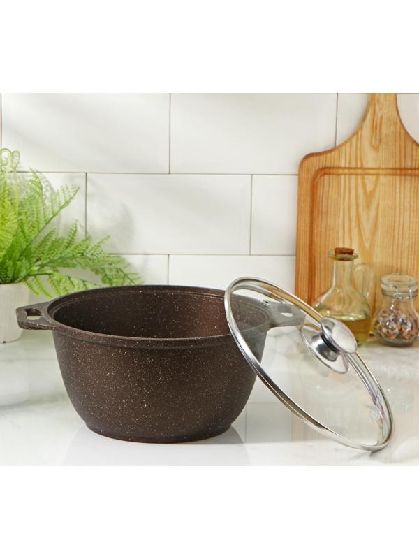 Кастрюля, 3 л, стеклянная крышка, антипригарное покрытие, цвет кофейный мрамор