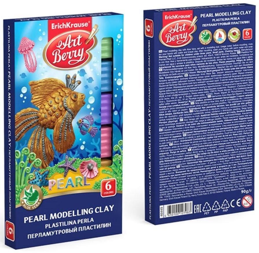 Пластилин 6 цветов, 90 г, ErichKrause ArtBerry Pearl, перламутровый, с алоэ вера, со стеком, в картонной упаковке