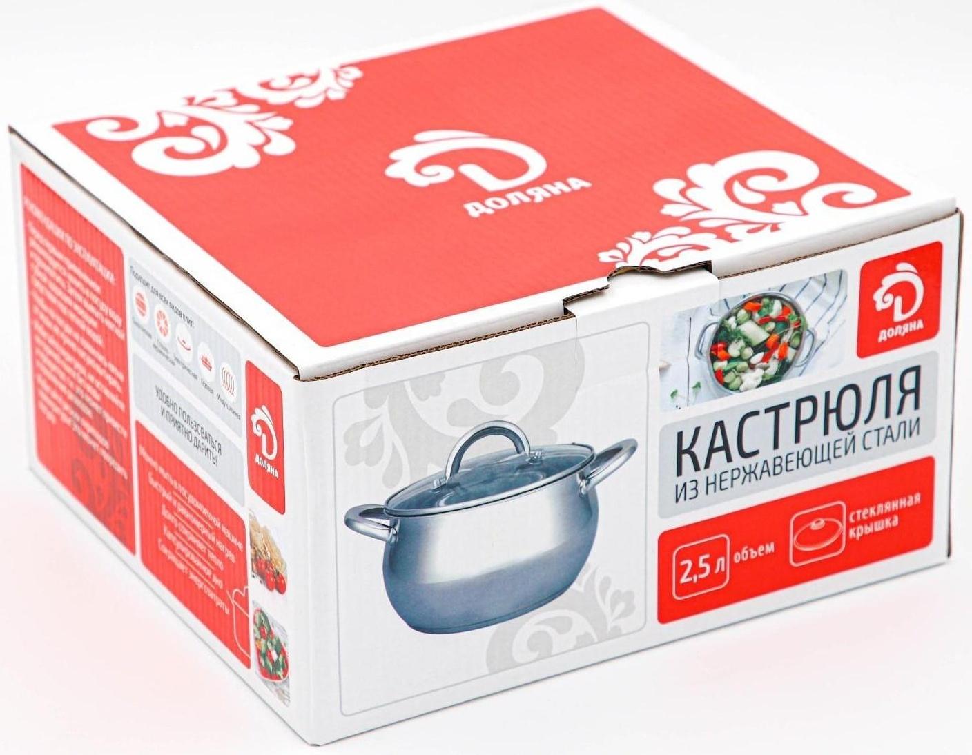 Кастрюля из нержавеющей стали Доляна «Вернер», 2,5 л, d=18 см, стеклянная крышка