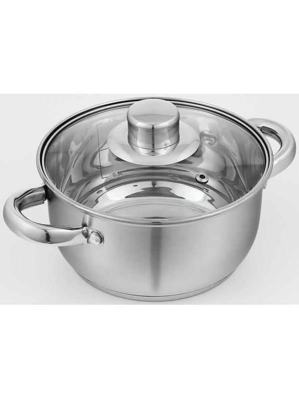 Кастрюля из нержавеющей стали Доляна «Гретте», 1,6 л, d=16 см, стеклянная крышка, капсульное дно, индукция