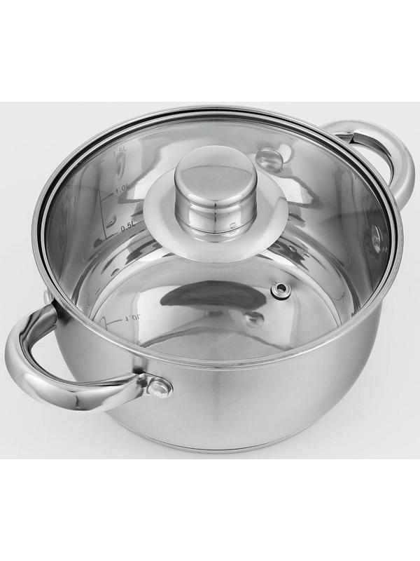 Кастрюля из нержавеющей стали Доляна «Гретте», 1,6 л, d=16 см, стеклянная крышка, капсульное дно, индукция