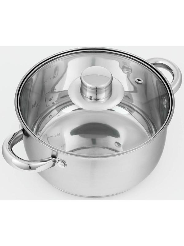 Кастрюля из нержавеющей стали Доляна «Гретте», 2,3 л, d=18 см, стеклянная крышка, капсульное дно, индукция