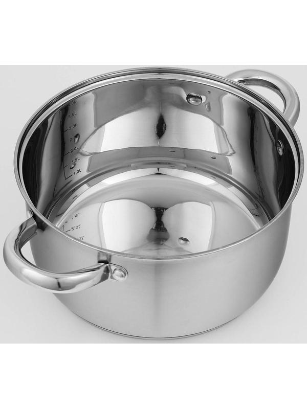 Кастрюля из нержавеющей стали Доляна «Гретте», 4,2 л, d=22 см, стеклянная крышка, капсульное дно, индукция