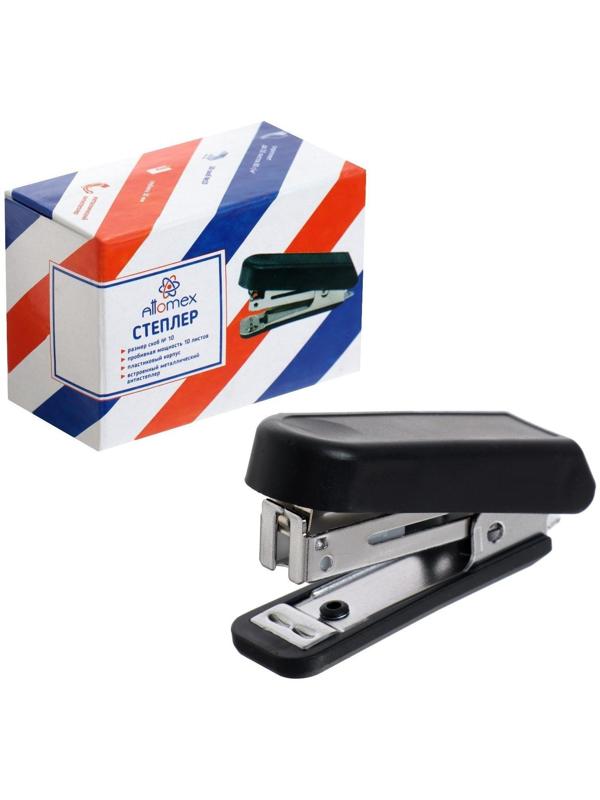 Степлер № 10, до 10 листов, Attomex МИНИ, встроенный антистеплер, чёрный