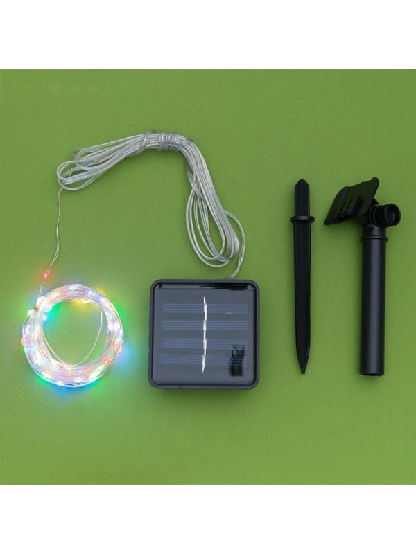 Гирлянда «Нить» 10 м роса, IP44, серебристая нить, 100 LED, свечение мульти, 2 режима, солнечная батарея