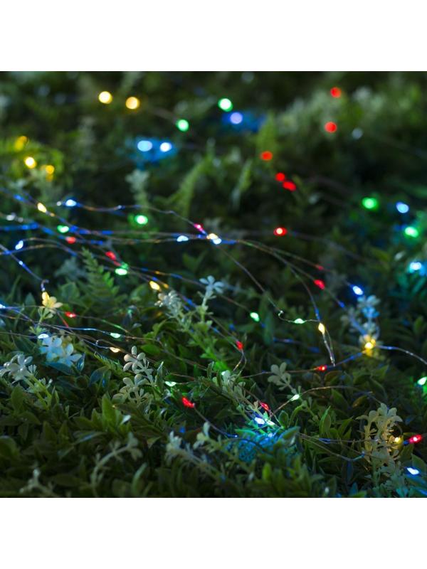 Гирлянда «Нить» 10 м роса, IP44, серебристая нить, 100 LED, свечение мульти, 2 режима, солнечная батарея