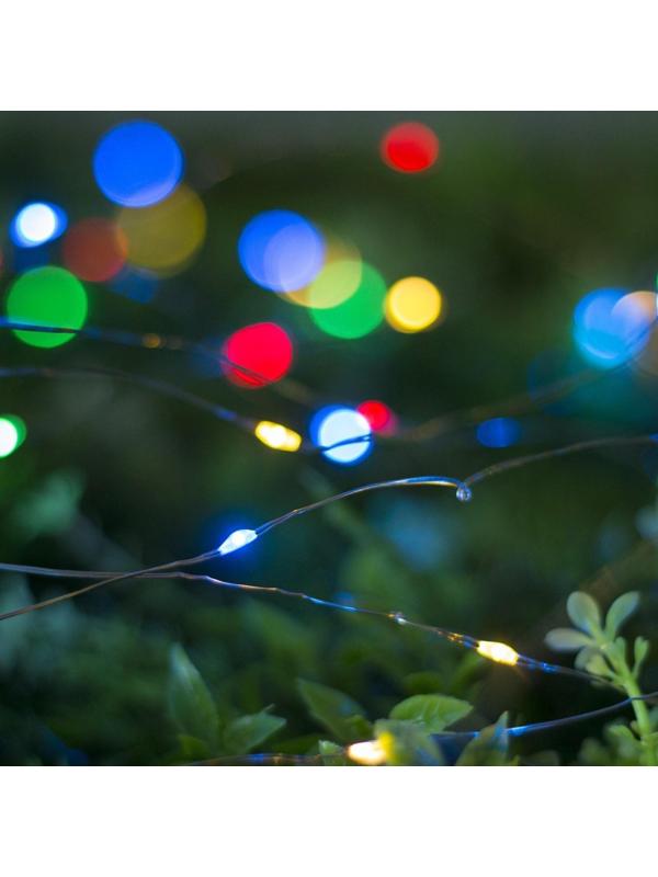Гирлянда «Нить» 10 м роса, IP44, серебристая нить, 100 LED, свечение мульти, 2 режима, солнечная батарея