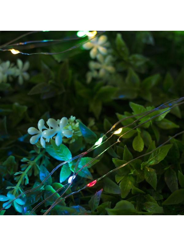 Гирлянда «Нить» 10 м роса, IP44, серебристая нить, 100 LED, свечение мульти, 2 режима, солнечная батарея