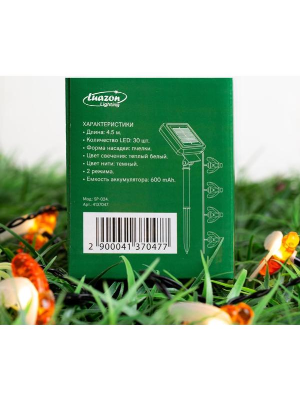 Гирлянда «Нить» 4.5 м с насадками «Пчёлки», IP44, тёмная нить, 30 LED, свечение тёплое белое, 2 режима, солнечная батарея