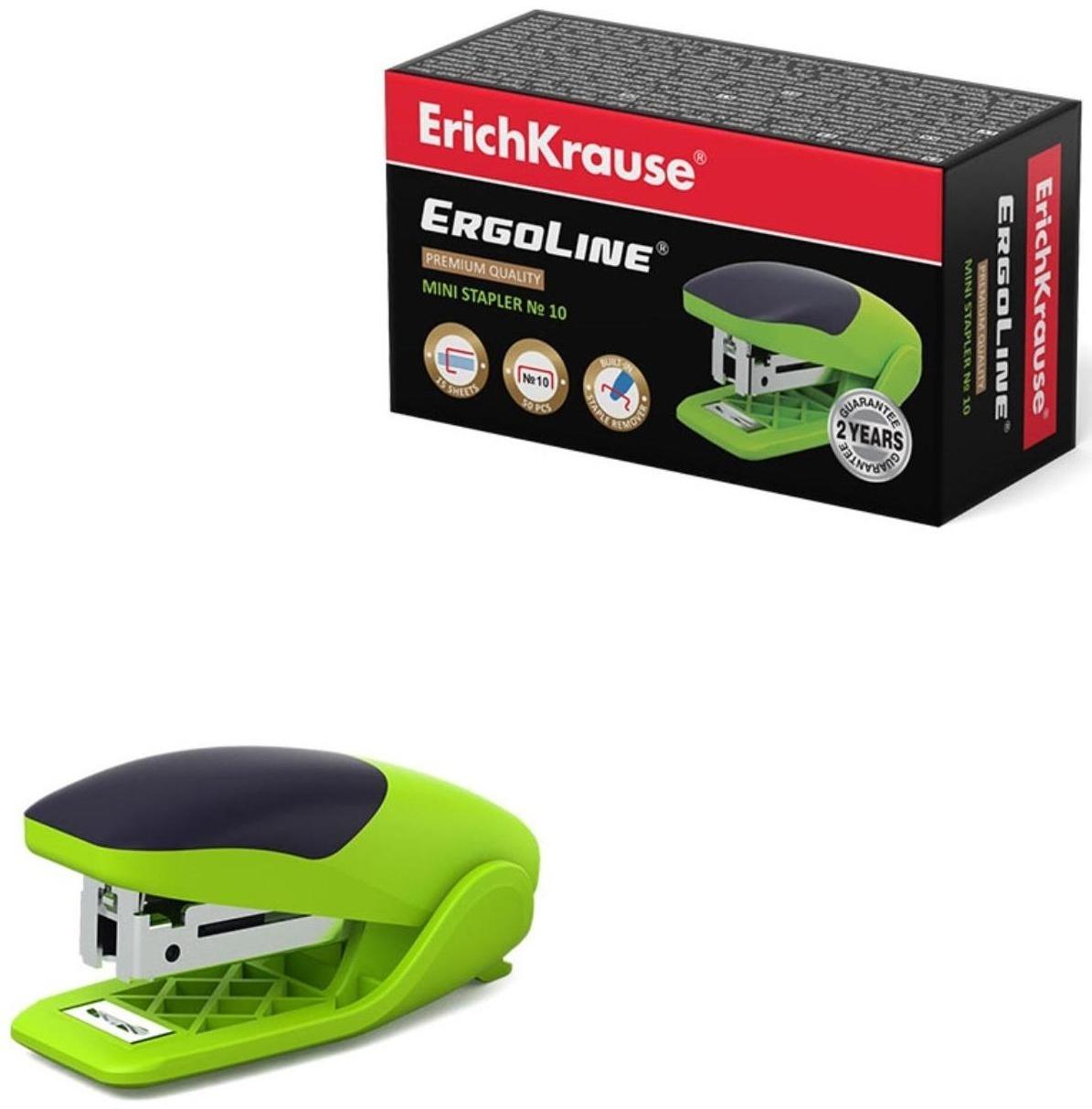 Степлер ErichKrause ErgoLine mini № 10, до 15 листов, встроенный антистеплер, резиновая противоскользящая вставка, ярко-салатовый