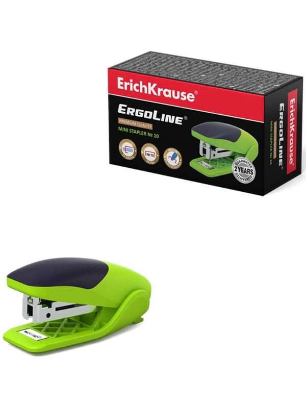 Степлер ErichKrause ErgoLine mini № 10, до 15 листов, встроенный антистеплер, резиновая противоскользящая вставка, ярко-салатовый