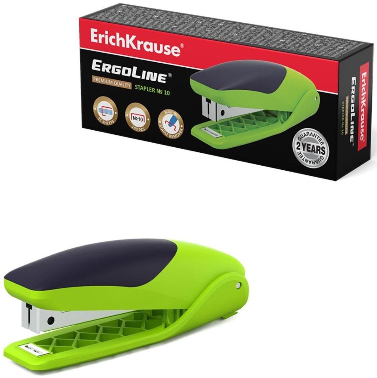 Степлер ErichKrause ErgoLine № 10, до 15 листов, встроенный антистеплер, резиновая противоскользящая вставка, ярко-салатовый