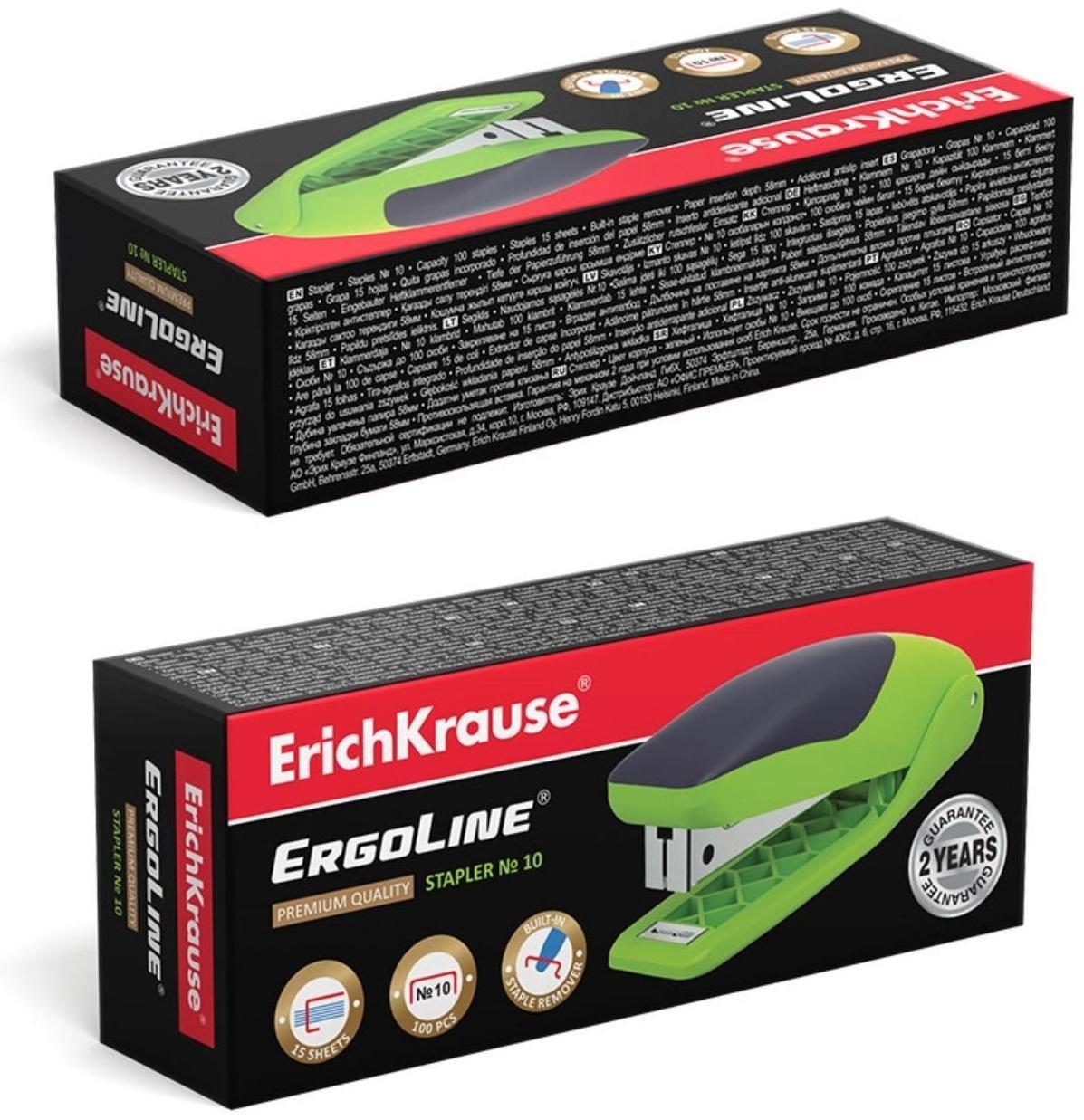 Степлер ErichKrause ErgoLine № 10, до 15 листов, встроенный антистеплер, резиновая противоскользящая вставка, ярко-салатовый