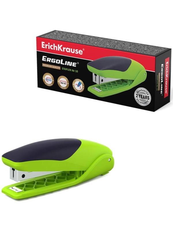Степлер ErichKrause ErgoLine № 10, до 15 листов, встроенный антистеплер, резиновая противоскользящая вставка, ярко-салатовый