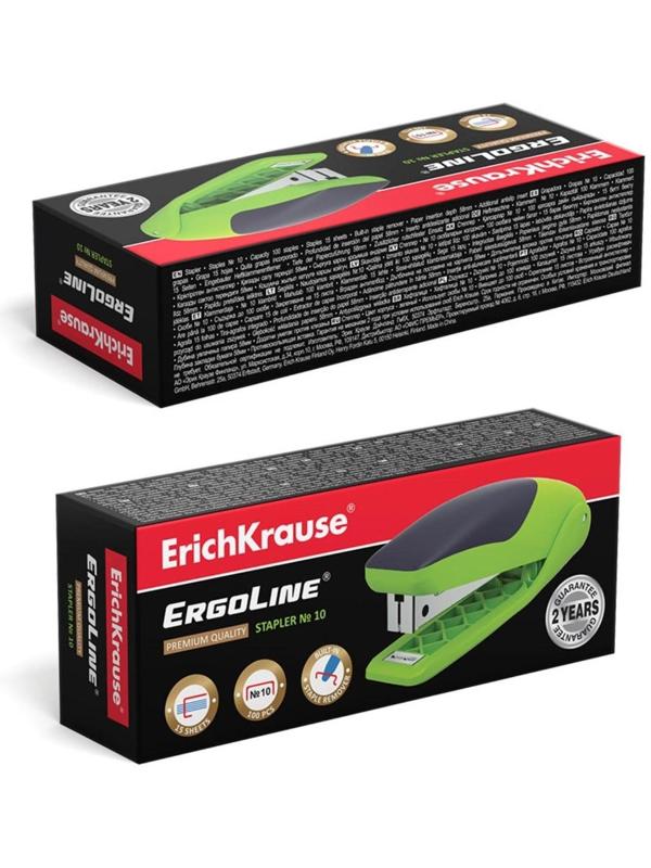 Степлер ErichKrause ErgoLine № 10, до 15 листов, встроенный антистеплер, резиновая противоскользящая вставка, ярко-салатовый