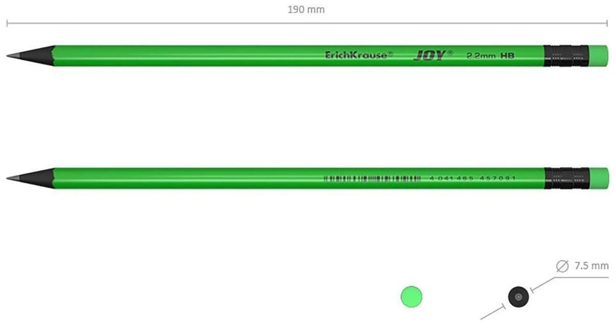 Карандаш чернографитный с ластиком Erich Krause JOY HB, сплошная проклейка грифеля, d= 2.2 мм, корпус из биоразлагаемого пластика