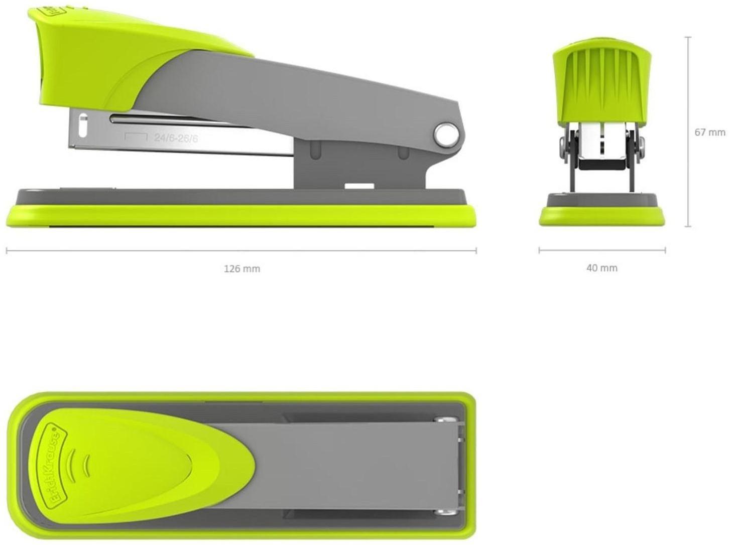 Степлер ErichKrause Quadro Half-strip № 24/6, до 30 листов, антистеплер, серо-зелёный